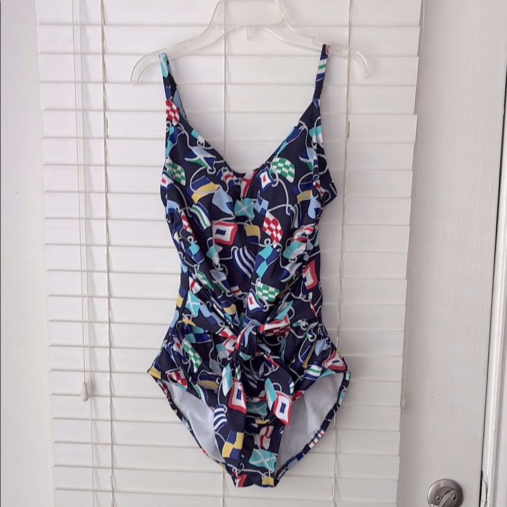 crown & ivy Swimsuit One Piece Nautical Flag Blue Red SZ L Like New!